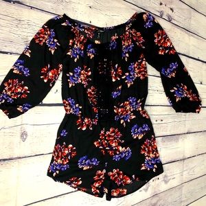 Aqua Black Floral Long Sleeve Romper Size L
